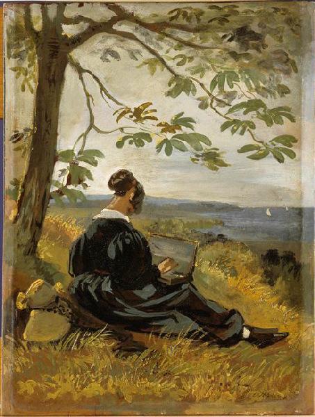 Jeune Femme dessinant au pied d'un arbre