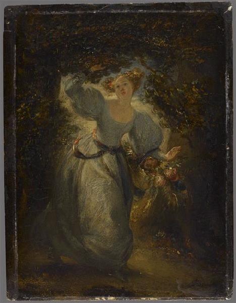 Jeune Femme traversant un bosquet, une corbeille de fleurs dans les mains
