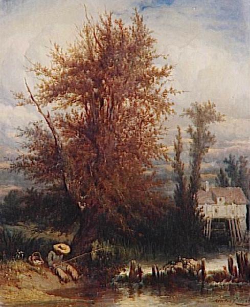 Paysage avec moulin et pêcheur