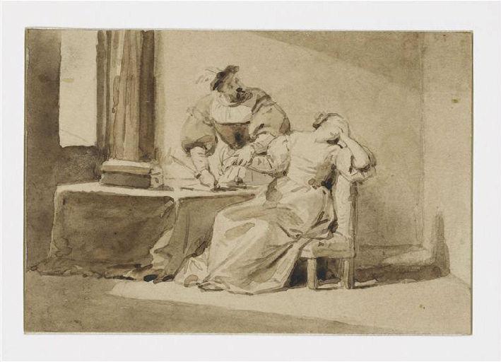 Un seigneur forçant une dame à signer un papier