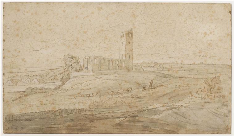 Paysage avec les ruines de l'église de Muiderberg ; Paysage de plaine avec église en ruine ((ancien titre))