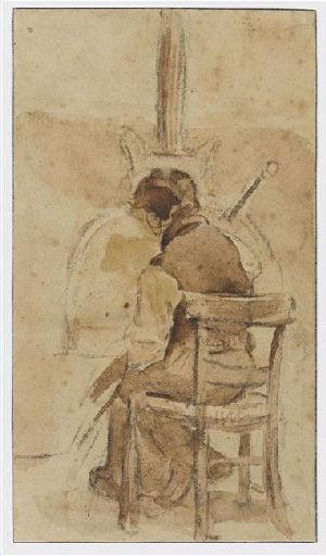 Le peintre, vu de dos, à son chevalet