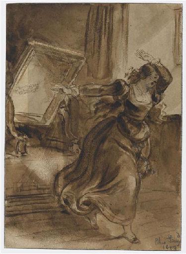 Jeune femme en costume Renaissance fuyant, épouvantée à la vue d'un miroir