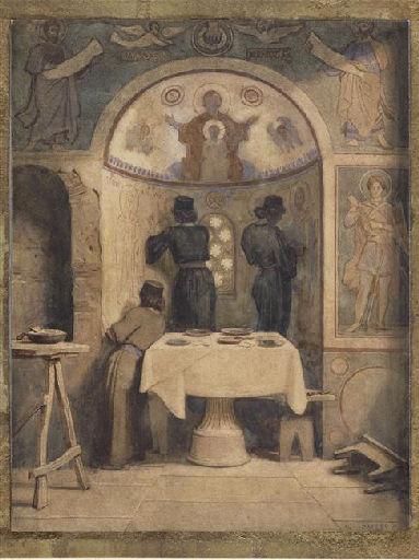 Moines du mont Athos peignant à fresque une absidiole