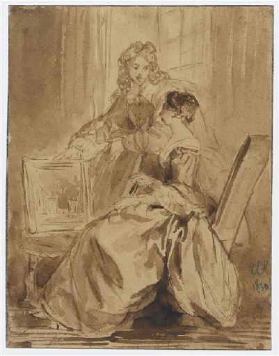 Cavalier en costume Louis XIV présentant un tableau d'architecture à une jeune dame