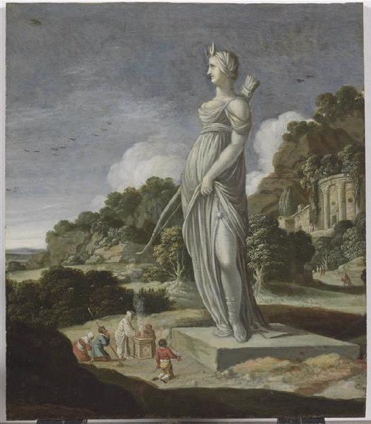Adoration d'une statue colossale dans un paysage