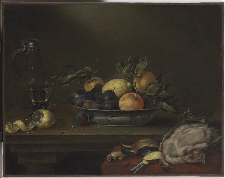 Nature morte ; Fruits, oiseaux morts et poulet plumé ((ancien titre))