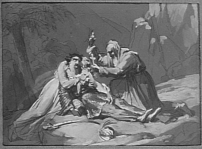 Mort d'un guerrier (grec ?) entre une femme éplorée et un moine