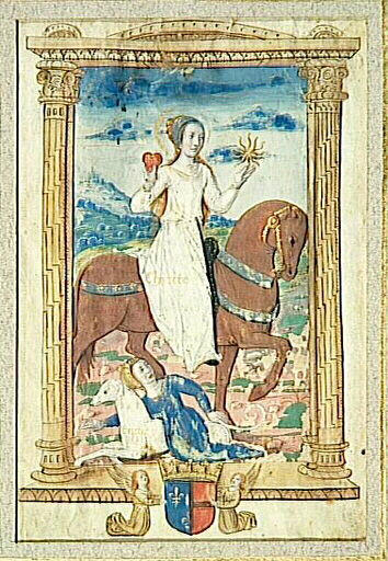 Rondeau des Vertus ; Libéralité contre Avarice (Rondeau ) ; Charité contre Envie (Miniature)