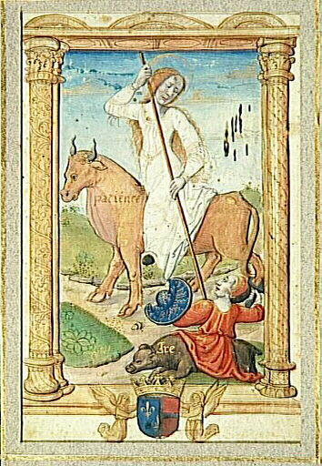 Rondeau des Vertus ; Charité contre Envie (Rondeau ) ; Patience contre Ire (Miniature)