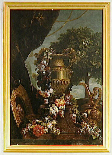 Fleurs et fruits entourant un vase d'or ; Vase d'or à anses en forme de chiens, entouré de fleurs et fruits, un bassin, une aiguière et un oranger (autre titre)