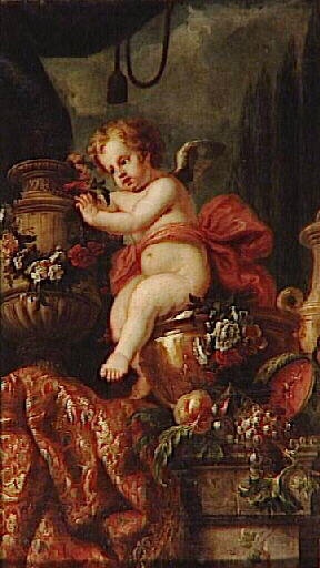 Un amour posant des fleurs sur un vase de marbre