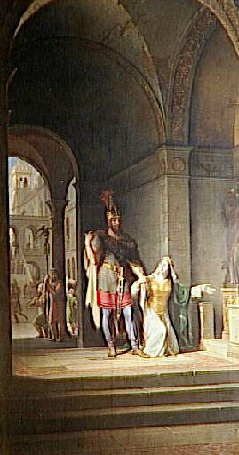 Clotilde suppliant Clovis son époux d'embrasser le christianisme avant son départ pour la bataille de Tolbiac