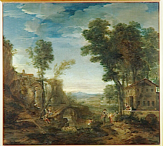 Paysage (où l'on voit un pont, une chute d'eau, un berger qui garde des moutons et chèvres, un joueur de musette vêtu de bleu, sur la gauche une femme)