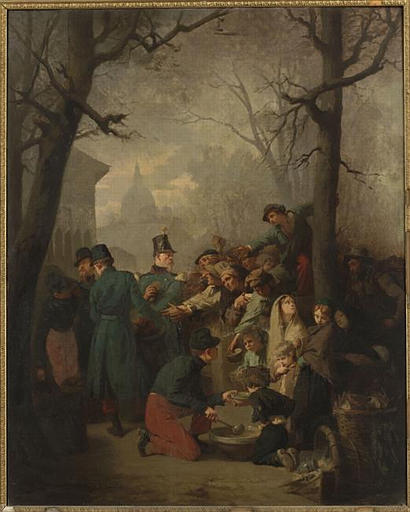 Soldats distribuant du pain aux indigents. 14e de ligne ; camp des Invalides, 1849