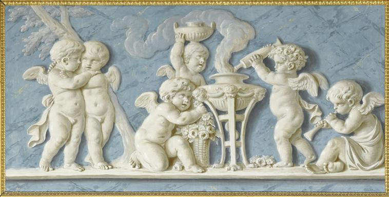 AMOURS ET ATTRIBUTS (TREPIED AVEC VASE ET FUMEE)