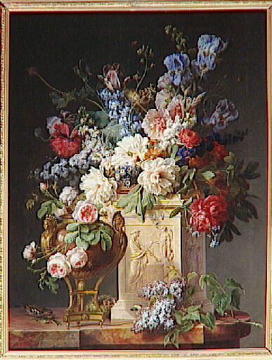 Corbeille et vase de fleurs ; Tableau représentant un piédestal d'albâtre, enrichi de bas-relief, sur lequel est posée une corbeille de fleurs et à côté un vase de bronze