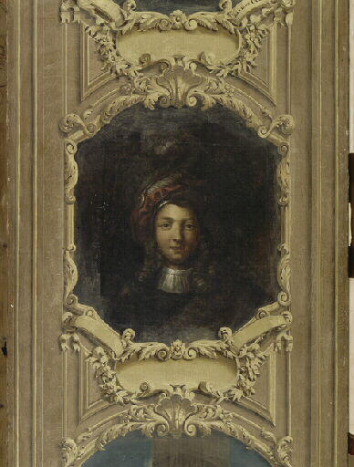 Tête de jeune homme coiffée d'une toque rouge ornée de plumes blanches