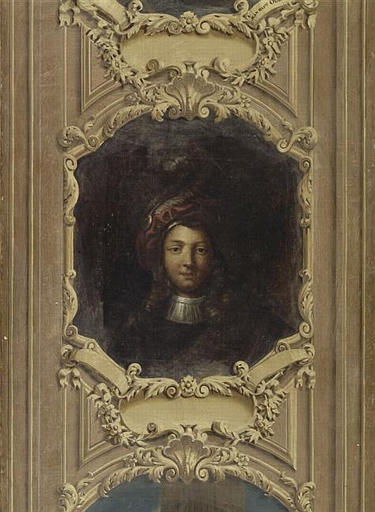 TETE DE JEUNE HOMME COIFFEE D'UNE TOQUE ROUGE ORNEE DE PLUMES BLANCHES