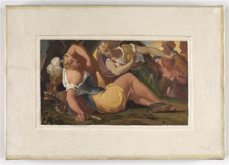 Guerrière blessée (Amazone ?) et femme tenant un trait