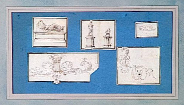 ENSEMBLE DE CINQ DESSINS MONTES SUR CARTON REPRESENTANT TROIS SCULPTURES EN BRONZE D'APRES L'ANTIQUE AYANT FIGURE A FONTAINEBLEAU, ET TROIS MOTIFS DECORATIFS