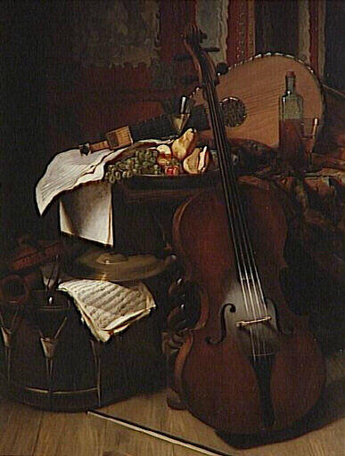 Divers instruments de musique, violoncelle,. violon, timbale, etc... et fruits dans un plat de porcelaine du Japon placé sur une table