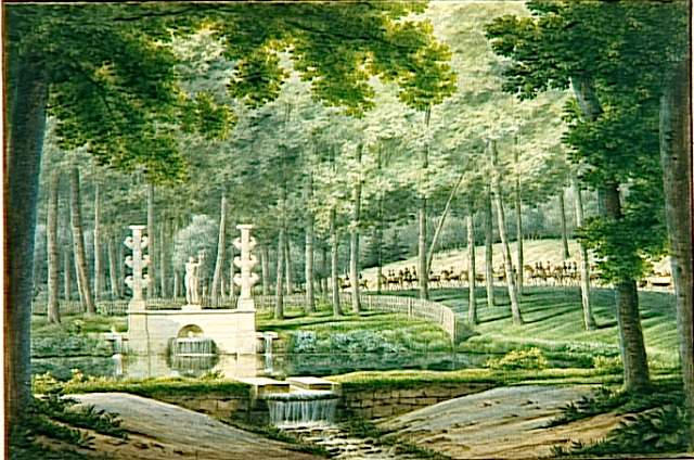 Malmaison. Vue du bassin de Neptune en dehors du parc près de la grille