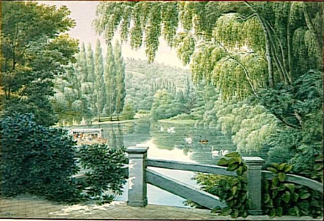 Vue de Malmaison promenade des dames d'honneur sur la rivière
