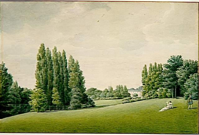 Malmaison. Vue du château, prise près du pont de pierre, sur le lac