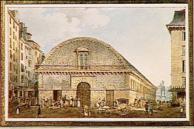 Vue de la Halle aux draps et aux toiles et marché des plantes médicinales ; située entre les rues de la petite fripperie et de la poterie, Quartier des halles, à Paris