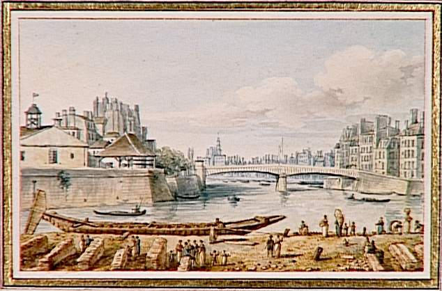 Vue du Pont de la Cité construit en bois ; (il joint les isles de Notre-Dame et de Saint-Louis), prés du Port aux Tuilles, briques et ardoises, à Paris