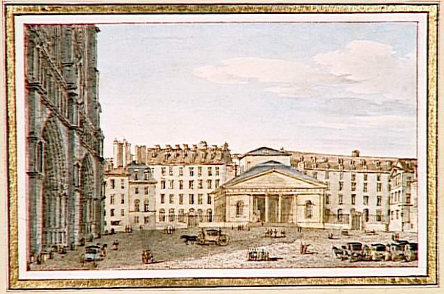 50 aquarelles des monuments de Paris : Vue de l'Hôtel-Dieu, hospice pour les malades des deux sexes, situé prés de la Basilique de Notre-Dame, à Paris
