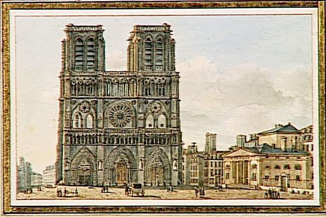Vue de la place et du portail de la basilique de Notre-Dame à Paris