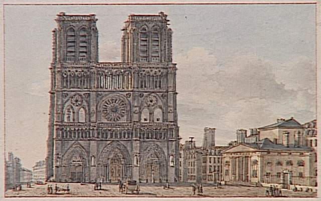 50 aquarelles des monuments de Paris : Vue de la place et du Portail de la Basilique de Notre-Dame, à Paris