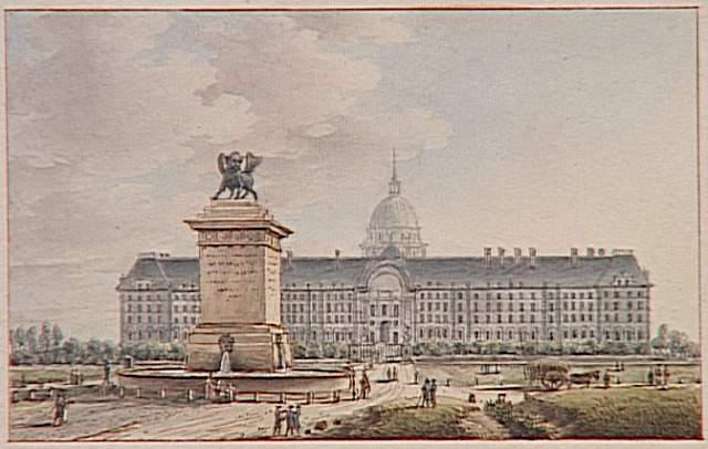 50 aquarelles des monuments de Paris : vue de l'hôtel impérial des Invalides, du côté de l'entrée située au nord prise près de la fontaine du lion de St Marc à Paris