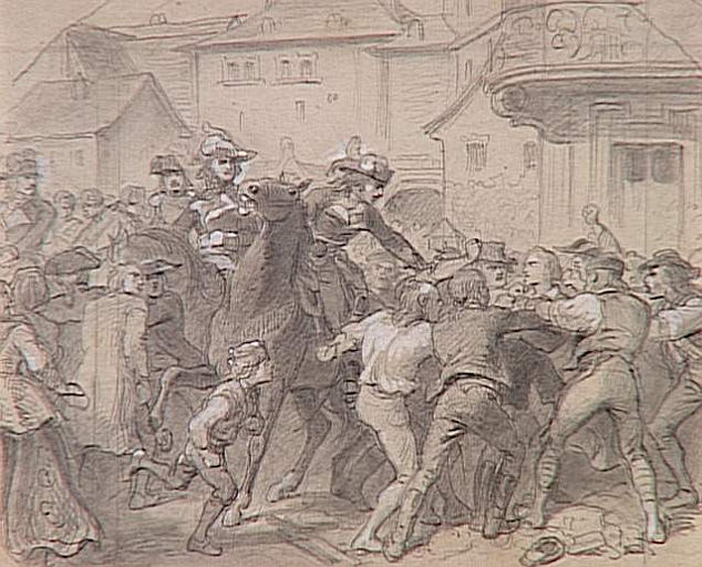 55 scènes de la Révolution, l'Empire et la Restauration Projets d'illustration : Prise d'une ville et arrestation en Vendée