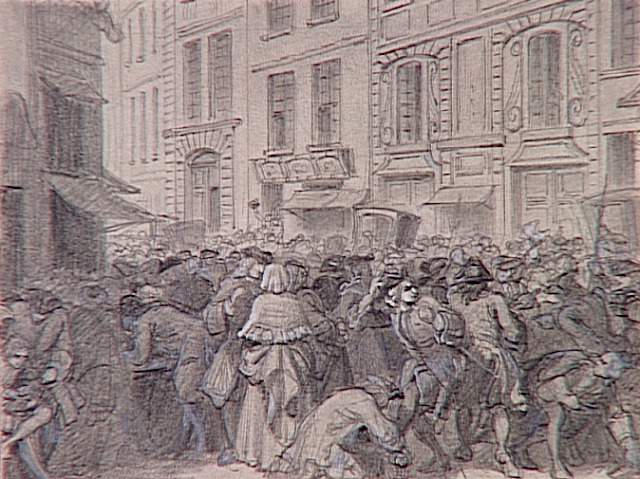 55 scènes de la Révolution, l'Empire et la RestaurationProjets d'illustration : rassemblement dans les rues d'une ville (rue Quincampoix, devant la banque de Law ?)