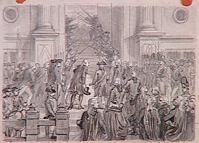 55 scènes de la Révolution, l'Empire et la RestaurationProjets d'illustration : arrivée de Louis XVI à l'Hôtel de Ville le 17 juillet 1789