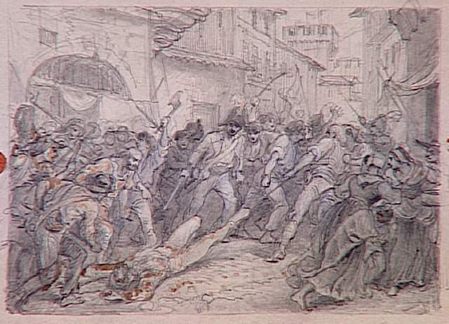 55 scènes de la Révolution, l'Empire et la RestaurationProjets d'illustration : assassinat d'un homme traîné au sol et percé de coups de pique