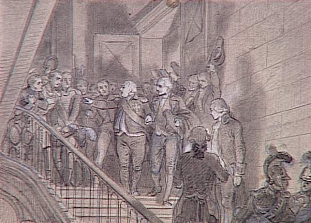 55 scènes de la Révolution, l'Empire et la Restauration ; Projets d'illustration : Louis XVIII quittant les Tuileries