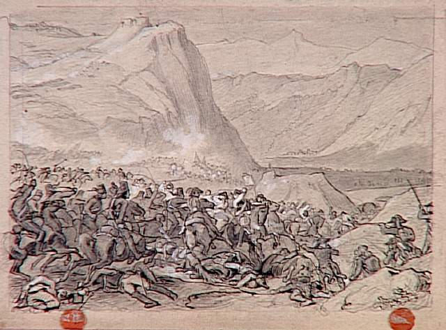 55 scènes de la Révolution, l'Empire et la Restauration ; Projets d'illustration : scène de bataille : première campagne d'Italie (Rivoli?)