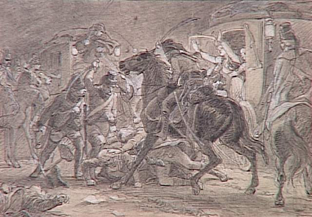 55 scènes de la Révolution, l'Empire et la Restauration Projets d'illustration : arrestation des parlementaires français, Debry, Roberjot et Bonnier, à Rastadt