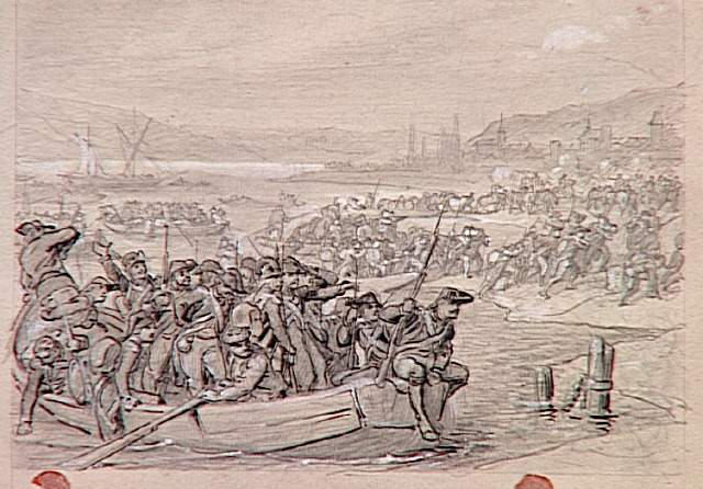 55 scènes de la Révolution, l'Empire et la Restauration Projets d'illustration : passage du Rhin par les troupes républicaines (1796)