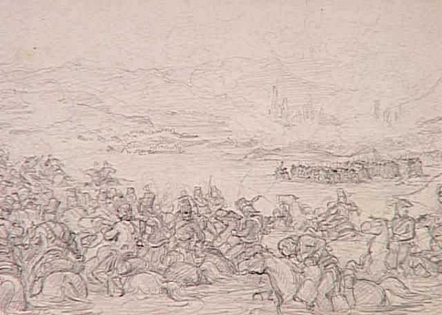 55 scènes de la Révolution, l'Empire et la Restauration Projets d'illustration : passage à gué du Tagliamento (16 mars 1797)