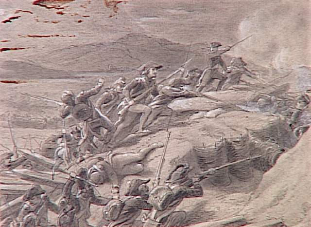 55 scènes de la Révolution, l'Empire et la Restauration Projets d'illustration : Bonaparte entraînant ses troupes à l'attaque d'une redoute pendant la première campagne d'Italie (Dego ?)