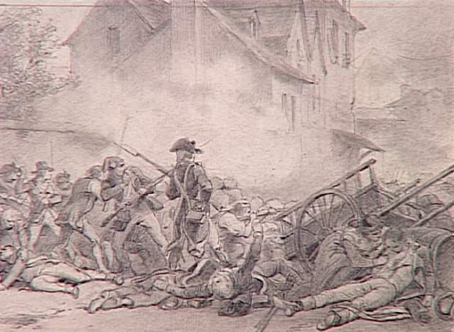 55 scènes de la Révolution, l'Empire et la Restauration Projets d'illustration :  scène révolutionnaire Combat de rue près d'une barricade