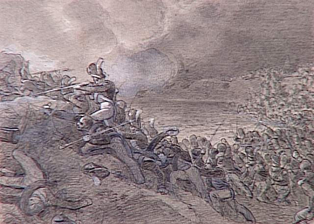 55 scènes de la Révolution, l'Empire et la Restauration Projets d'illustration :  charge de grenadiers dans un paysage montagneux, près d'un lac