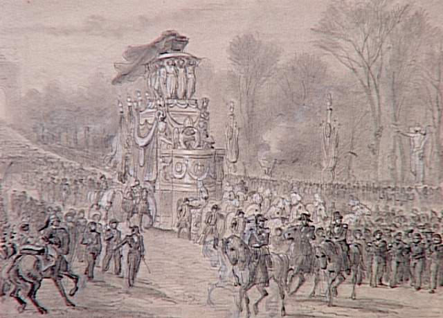 55 scènes de la Révolution, l'Empire et la Restauration Projets d'illustration :  le retour des cendres de Napoléon Ier Le cortège descend l'avenue des Champs Elysées