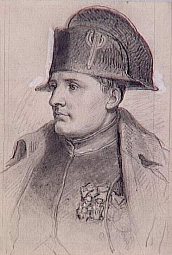 55 scènes de la Révolution, l'Empire et la Restauration Projets d'illustration :  portrait en buste de Napoléon Ier en uniforme de colonel des chasseurs à cheval de la garde, de trois quarts gauche