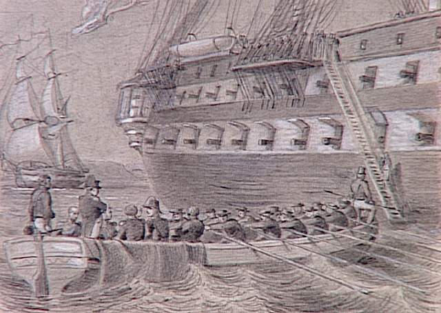 55 scènes de la Révolution, l'Empire et la Restauration Projets d'illustration : embarquement de Napoléon sur le Bellerophon (juillet 1815)